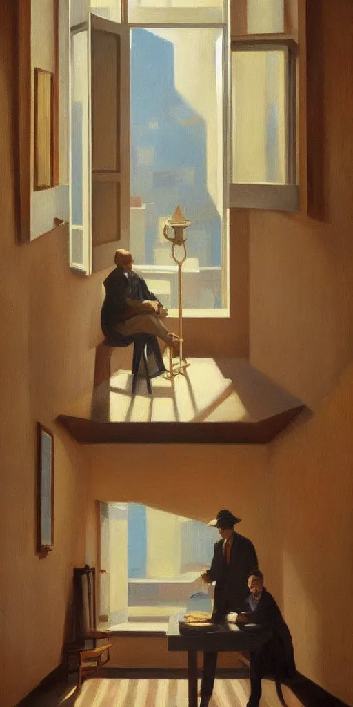 Image similar to room of impossible geometry, cinematic and highly detailed oil painting by josep tapiro baro and edward hopper, trending on artstation, oil painting masterpiece, symmetry, mysterious, very very very aesthetic