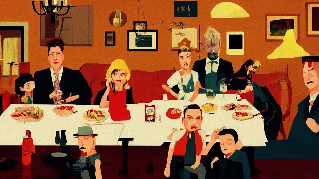 Image similar to Family dinner, in the style of David Lynch, by Wes Anderson, concept art, artstation