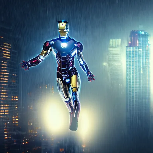 Prompt: a hyperdetailed photograph of a silver suit iron man flying through the skies of a cyberpunk, futuristic city, night, dense fog, rain, hd, 8 k resolution by greg rutowski, stanley artgerm, alphonse mucha