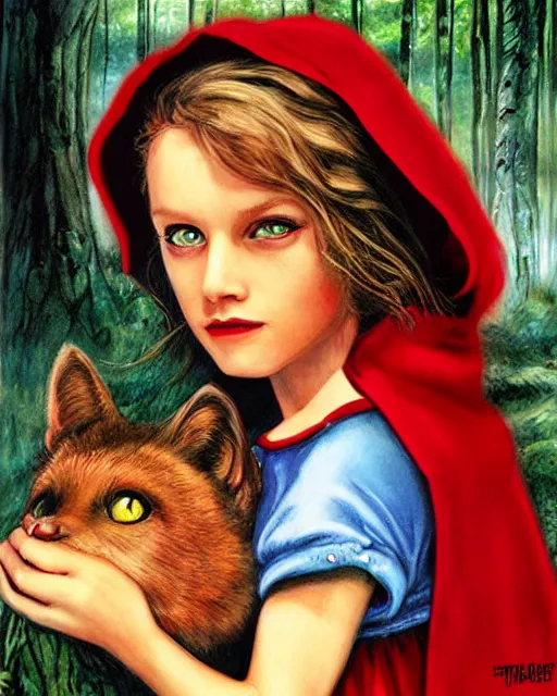 Image similar to little red riding hood, airbrush, drew struzan illustration art, key art, movie poster