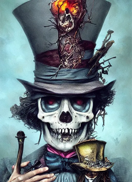 Image similar to Mad hatter smoking a pipe, death tarot card,highly detailed,half skull face,cinematic,8k,by Stanley Artgermm,Tom Bagshaw,Greg Rutkowski,Carne Griffiths, Ayami Kojima, Beksinski, Giger,trending on DeviantArt,hyper detailed,horror, full of colour