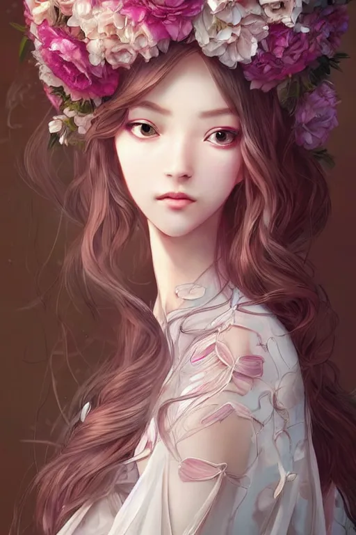 Prompt: romantic and fashion and love princess of the flower with sheath dress, 8 k realistic, teenager girl, baroque, symmetrical, flowing hair, smile, trending pinterest and pixiv, muted colors, hyperrealistic, l close up shot, character concept art, face by kyoung hwan kim, alexandra fomina, ilya kuvshinov