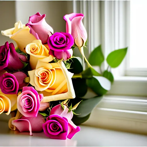 Image similar to studio photo of a bouquet of different shades of pink roses and lilies. window sun reflected in a light yellow background. amazing photography and lighting, bokeh,