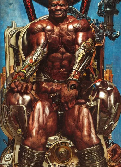 Image similar to portrait of ronnie coleman as cyborg super villain sitting on throne, by lawrence alma tadema and rick berry and norman rockwell and greg staples and jack kirby