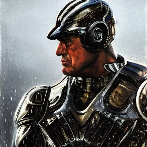 Image similar to sylvester stallone in metal tiger armor, tech noir, wet reflections, prism, atmospheric, ambient, pj crook, syd mead, livia prima, greg rutkowski, edward hopper