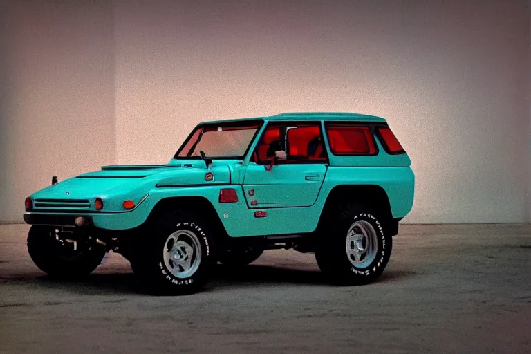 Image similar to designed by giorgetto giugiaro stylized poser of a single 1 9 8 0 dakar prepped pajero fj 4 0 testarossa, thick neon lights, ektachrome photograph, volumetric lighting, f 8 aperture, cinematic eastman 5 3 8 4 film