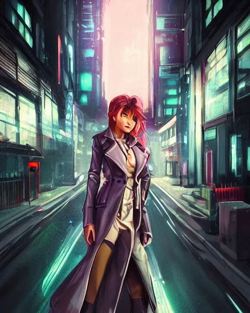 Prompt: photorealistic character portrait of a beautiful half cyborg woman with a mischievous look, the half cyborg woman is wearing a long trench coat, in a night rooftop scene by Liam Wong!!!, character portrait in the style of Artgerm and NeoArtCorE