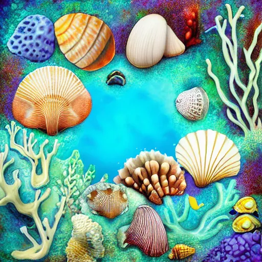 Image similar to underwater Corral Reef, seashells, ocean, Abstract, sacred geometry fungi, seahorse, high detail, photorealistic, surrealism, Flower of life