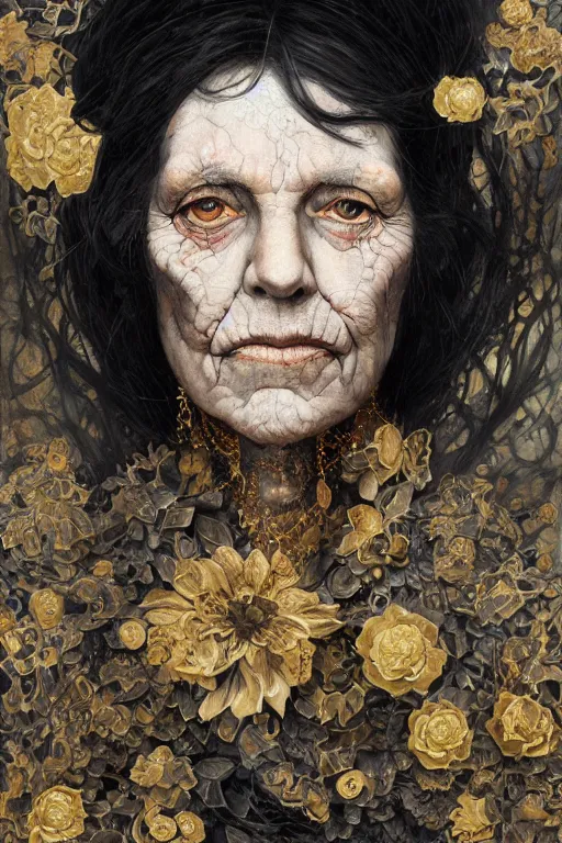 Image similar to portrait of hairy old woman with diluted aquarelle painted skin. close up. very dark black hair, shiny gold eyes. intricate dark flowers pattern on background, high detail, by Peter mohrbacher and Eddie Mendoza