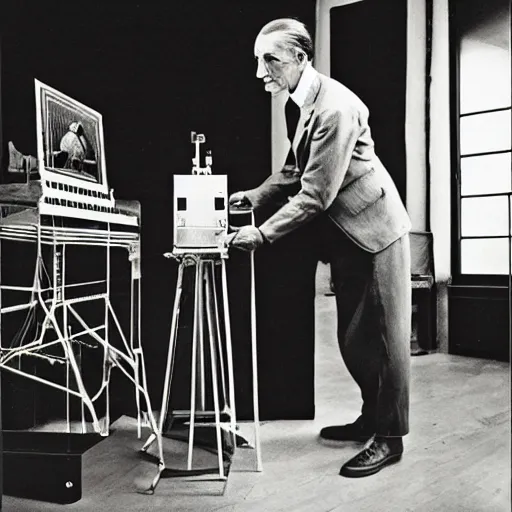 Image similar to Kodachrome portrait of Marcel Duchamp with an technologival machine, archival pigment print in the style of Hito Steyerl, studio shooting, contemporary art