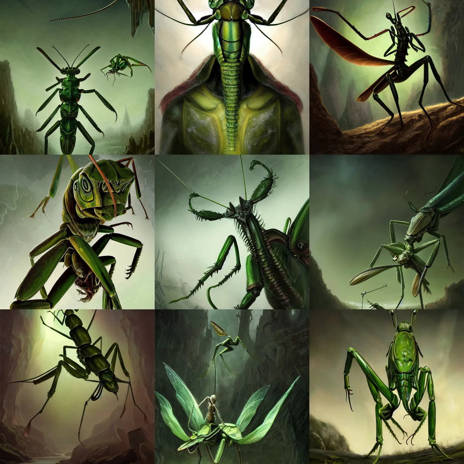 Prompt: full shot of green human - sized mantis religiosa as a d & d rogue praying ; 6 legs ; hestiastula head with antennae ; mantid features ; medieval ; elegant ; design ; fantasy drawing ; illustration ; artstation ; 8 k ; wallpapers ; heavy contrast ; cinematic art ; cgsociety ; art by greg rutkowski and alexander jansson