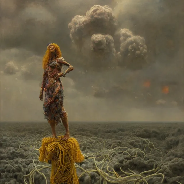 Image similar to A woman wearing clothes made out of thunder clouds and flowers, people floating in the sky, apocalypse, yellow skin, Masterpiece, glowing, wires everywhere, by Edgar Maxence and Ross Tran, Zdzisław Beksiński, and Michael Whelan, distant, gustav dore, H.R. Giger, 8k, octane render