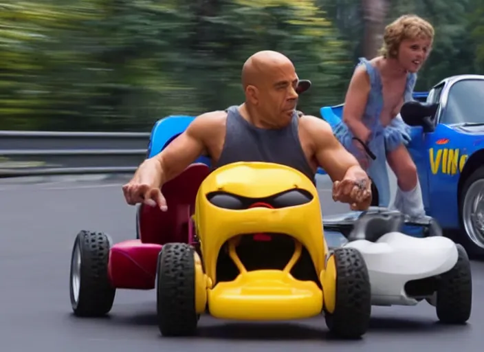 Image similar to peter dinklage racing vin diesel driving a little tikes cozy coupe, movie still, from the new gone in 6 0 seconds movie, 8 k, realistic