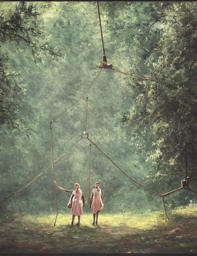 Image similar to two peasant girls standing on hanging swings in the forest, motion photo, Cottage core, Cinematic focus, Polaroid photo, vintage, neutral colors, soft lights, foggy, by Steve Hanks, by Serov Valentin, by lisa yuskavage, by Andrei Tarkovsky, by Terrence Malick, by Krenz Cushart, 8k render, detailed, oil on canvas