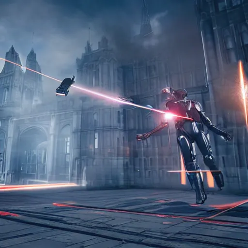 Prompt: british royal guard androids firing lasers, futuristic look, highly detailed body, photorealistic camera shot, crisp quality and light reflections, in england, futuristic city, unreal engine 5 quality render