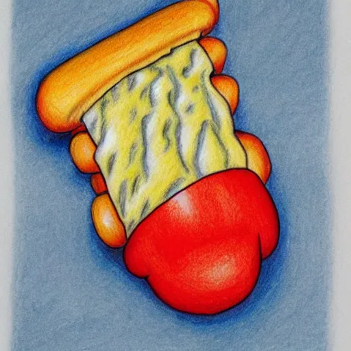 Image similar to hotdog floating, milk, lactose, colored pencil drawing