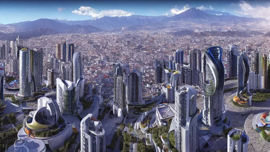 Prompt: Optimistic Nucleur filled vision of futuristic Quito, Ecuador; by Oswaldo Moncayo and Vincent Callebaut; Art Direction by James Cameron; 4K, 12K