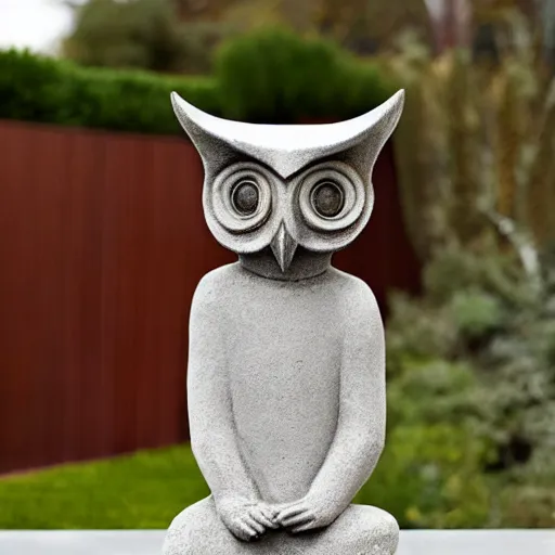 Prompt: concrete modern art garden statue of an owl dressed as a monk. the owl is holding a baby alpaca