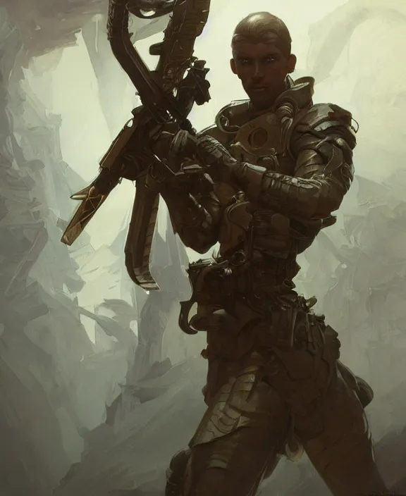 Image similar to concept art soldier full body, concentrated look at the camera, symmetry, d & d, fantasy, intricate, elegant, highly detailed, digital painting, artstation, concept art, art by artgerm and greg rutkowski and alphonse mucha, boris vallejo