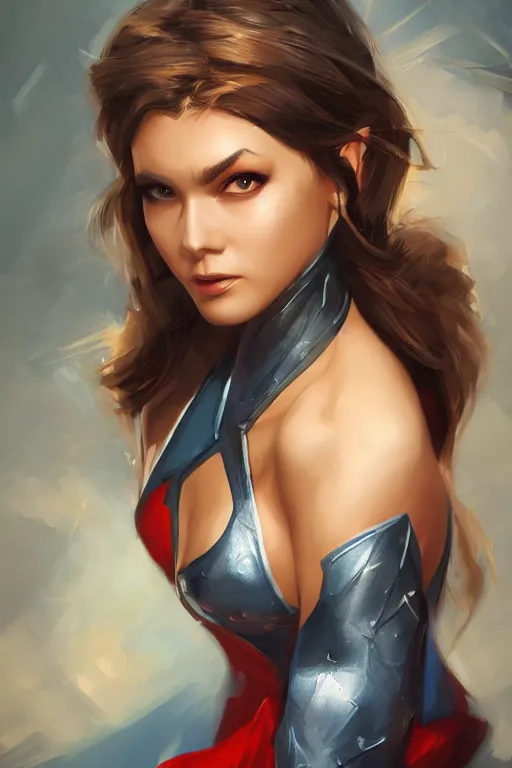 Image similar to three quarters portrait pose of a beautiful woman,super hero costume,super powers,heroic pose,highly detailed, digital painting, artstation,illustration, art by Stanley Lau