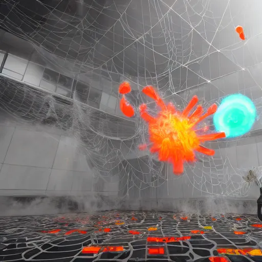 Prompt: a squad of detailed anime mecha spiderbots burns mountains of dollar bills in the atrium of the guggenheim museum with Sol LeWitt colorful wall drawings on the wall in the background, smoke, fog, volumetric rendering, god rays, unity hdrp, unreal engine 5, marmoset, arnold