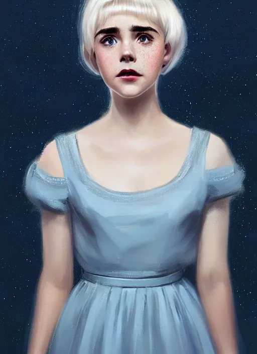 Image similar to portrait of kiernan shipka with freckles, white hair, 1 9 6 0 s bob hairstyle with bangs and hairband, blue 1 9 6 0 s dress, intricate, elegant, glowing lights, highly detailed, digital painting, artstation, concept art, smooth, sharp focus, illustration, art by wlop, mars ravelo and greg rutkowski