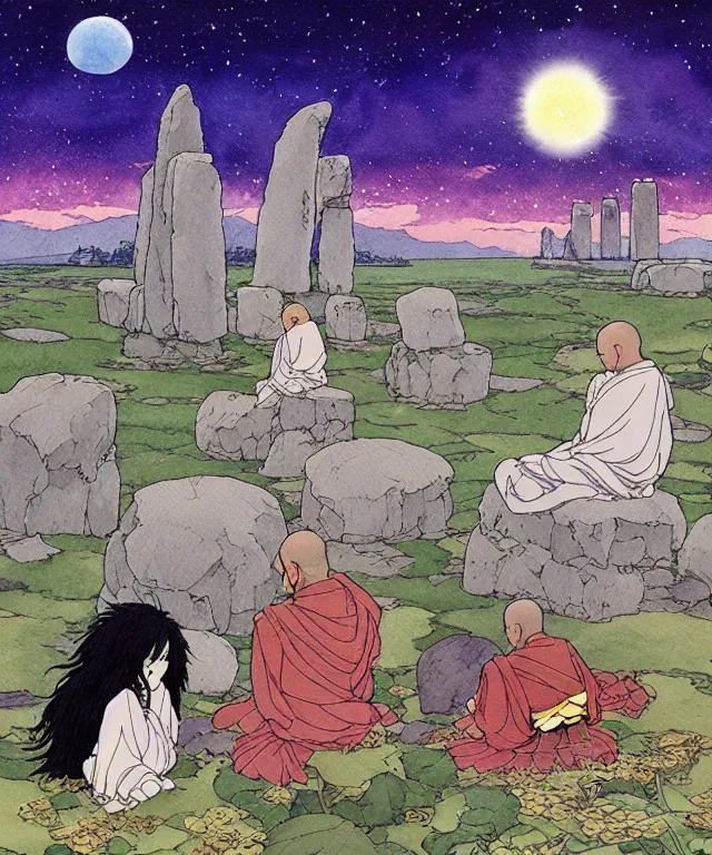 Image similar to a hyperrealist studio ghibli watercolor fantasy concept art. in the background is a giant long haired grey witch in lotus position sitting on top of stonehenge with a starry sky in the background. in the foreground is a group of tiny monks are on their knees. by rebecca guay, michael kaluta, charles vess