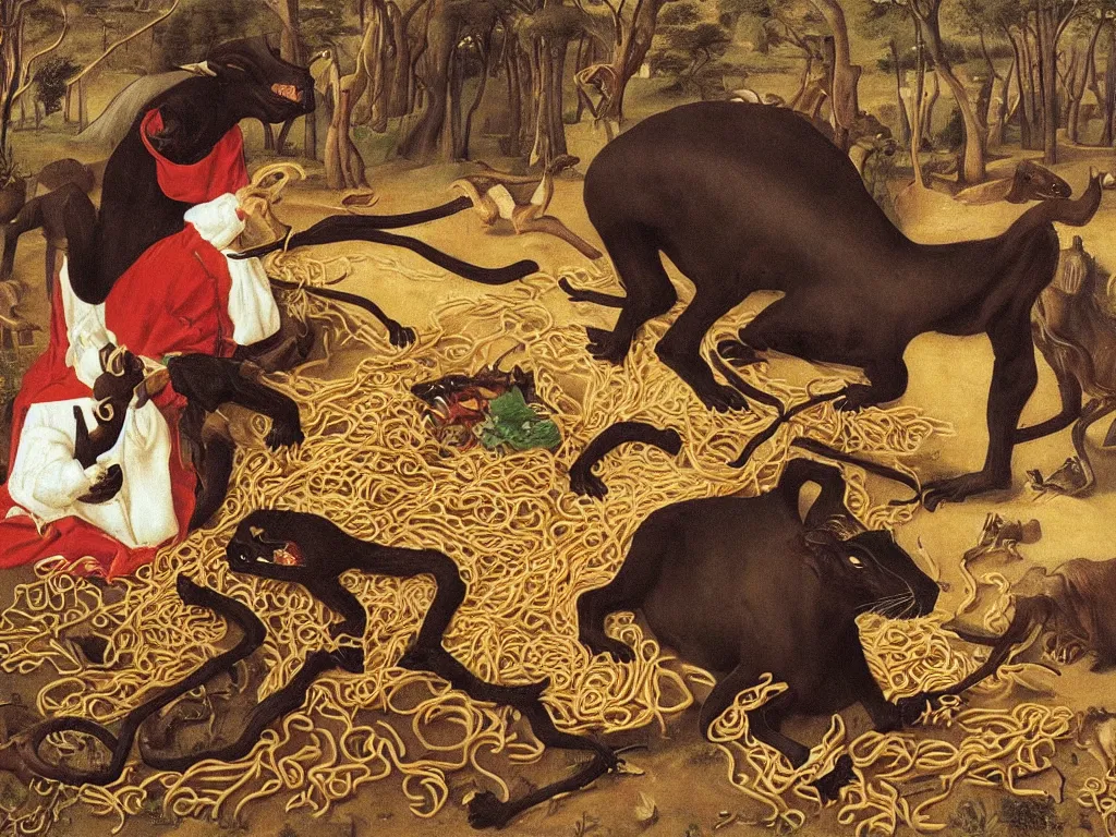 Image similar to woman eating noodles. scratch that. panther eating an antelope. painting by jan van eyck, walton ford