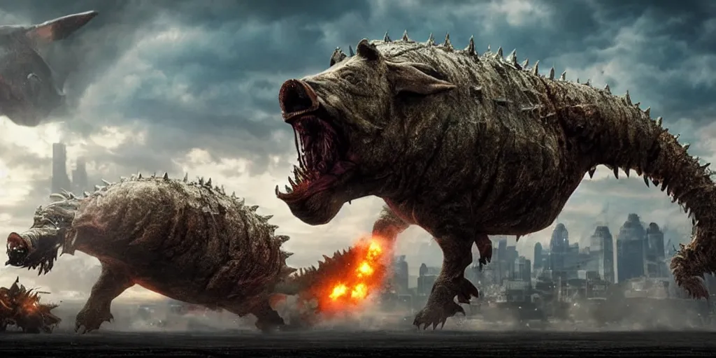 Image similar to beautiful extreme wide photo of an enormous mechanized metal pig kaiju destroying a philidelphia, cinematic, in the style of a hollywood blockbuster monster movie