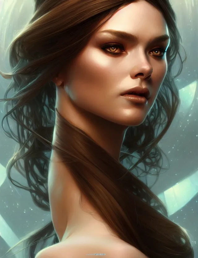 Image similar to futuristic woman portrait, sci-fi, amber eyes, face, long hair, fantasy, intricate, elegant, highly detailed, digital painting, artstation, concept art, smooth, sharp focus, illustration, art by artgerm and greg rutkowski and alphonse mucha