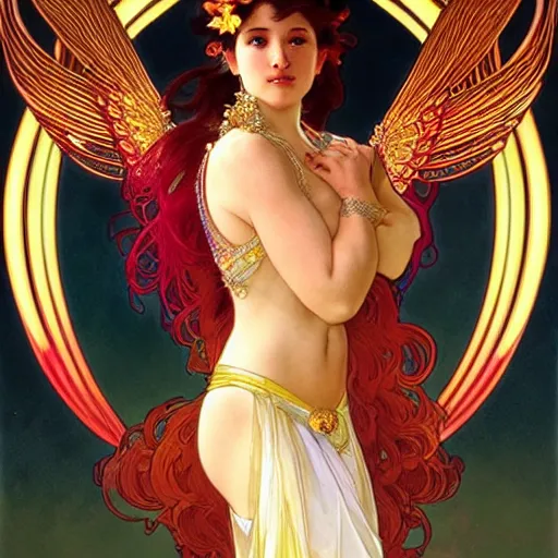 Prompt: a beautiful orchid phoenix angel woman, in an ornamented dress with large, volumetric light, god rays, 8 k high resolution, rubies, by alphonse mucha, artgerm, greg rutkowski