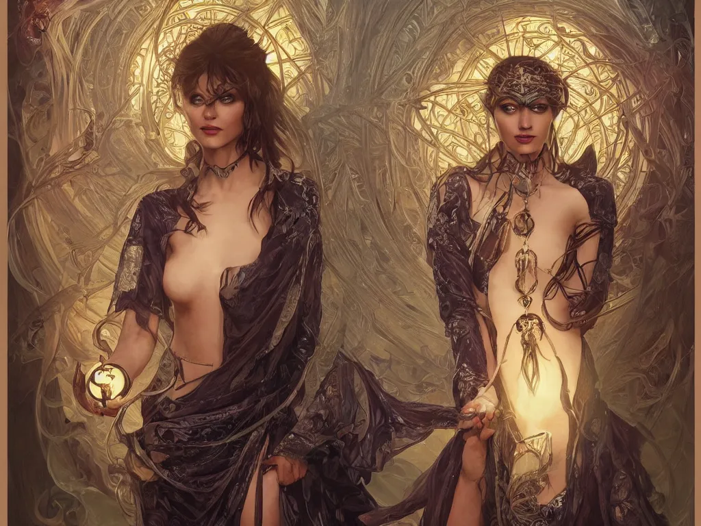 Image similar to ultra realistic tarot photoreal poster cj miles as a cyber shamanic witch casting am eldritch wizard spell, intricate, elegant, highly detailed, digital painting, artstation, concept art, smooth, sharp focus, illustration, art by artgerm and greg rutkowski and alphonse mucha