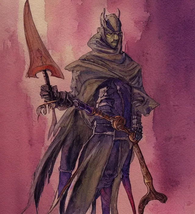Image similar to a watercolor ink painting of a tiefling sorcerer holding an executioner's sword in the style of jean giraud in the style of moebius trending on artstation deviantart pinterest detailed realistic hd 8 k high resolution