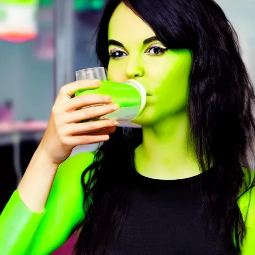 Prompt: A cute, lime green transparent slimegirl drinking from a can of lemon lime soda