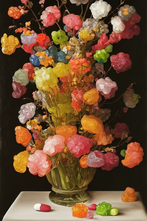 Image similar to still life of a bouquet of soft gummy bears and jelly beans in the shape of different gummy flowers, delicious rubbery transparent translucent squishy gummy sweets, soft gummy light, highly detailed, close up, northern renaissance