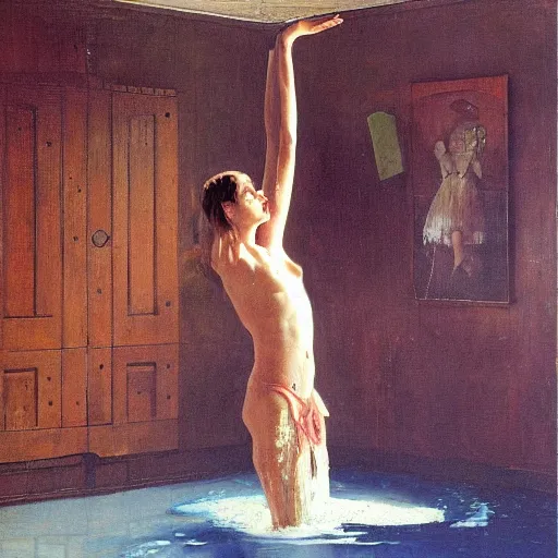 Prompt: a girl levitating in a room full of water extremely detailed masterpiece, Roger Deakin’s cinematography, oil on canvas, Norman Rockwell