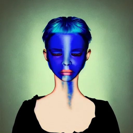 Image similar to portrait of young girl half dragon half human, blue hair, David Lynch