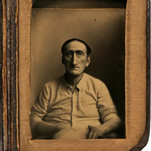 Image similar to Tintype photograph of a work of art by Marcel Duchamp displayed in an ethnographic museum, archive material, anthropology, 1920s studio lighting.