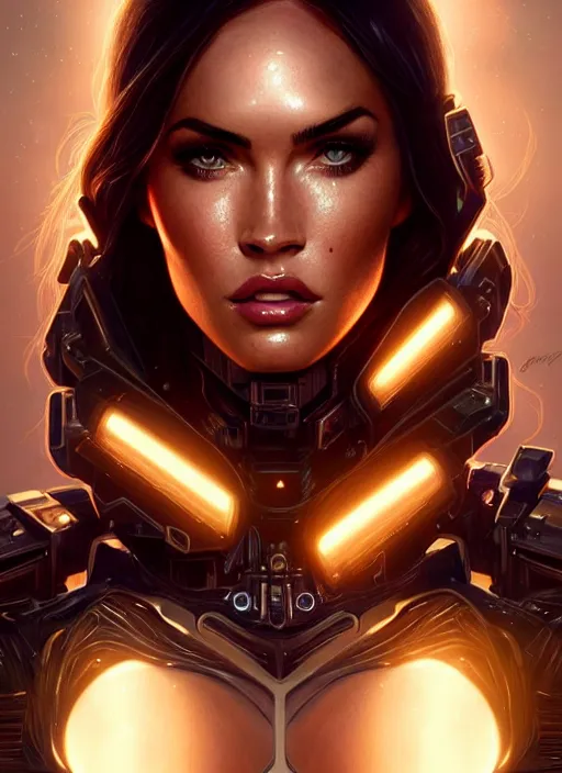 Image similar to portrait of cyborg warrior, megan fox, intricate, elegant, glowing lights, highly detailed, digital painting, artstation, glamor pose, concept art, smooth, sharp focus, illustration, art by artgerm and greg rutkowski, artey freytag