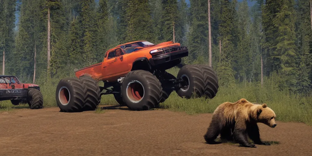 Image similar to A monster truck fighting a grizzly bear in its natural habitat, unreal engine, 8k