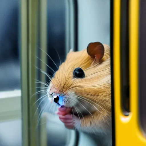 Image similar to photo of a hamster inside a metro train, looking out of a window, various poses, unedited, soft light, sharp focus, 8 k