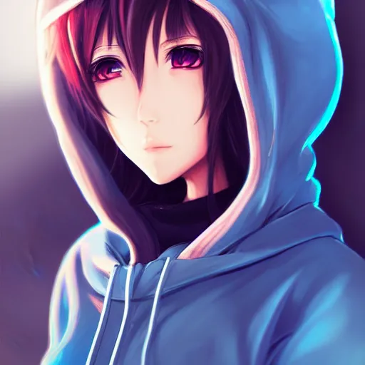 Image similar to advanced anime character art render, beautiful anime girl wearing a whale skin hoodie outfit ,blue watery eyes, close up , Rossdraws, WLOP , Sakimimichan