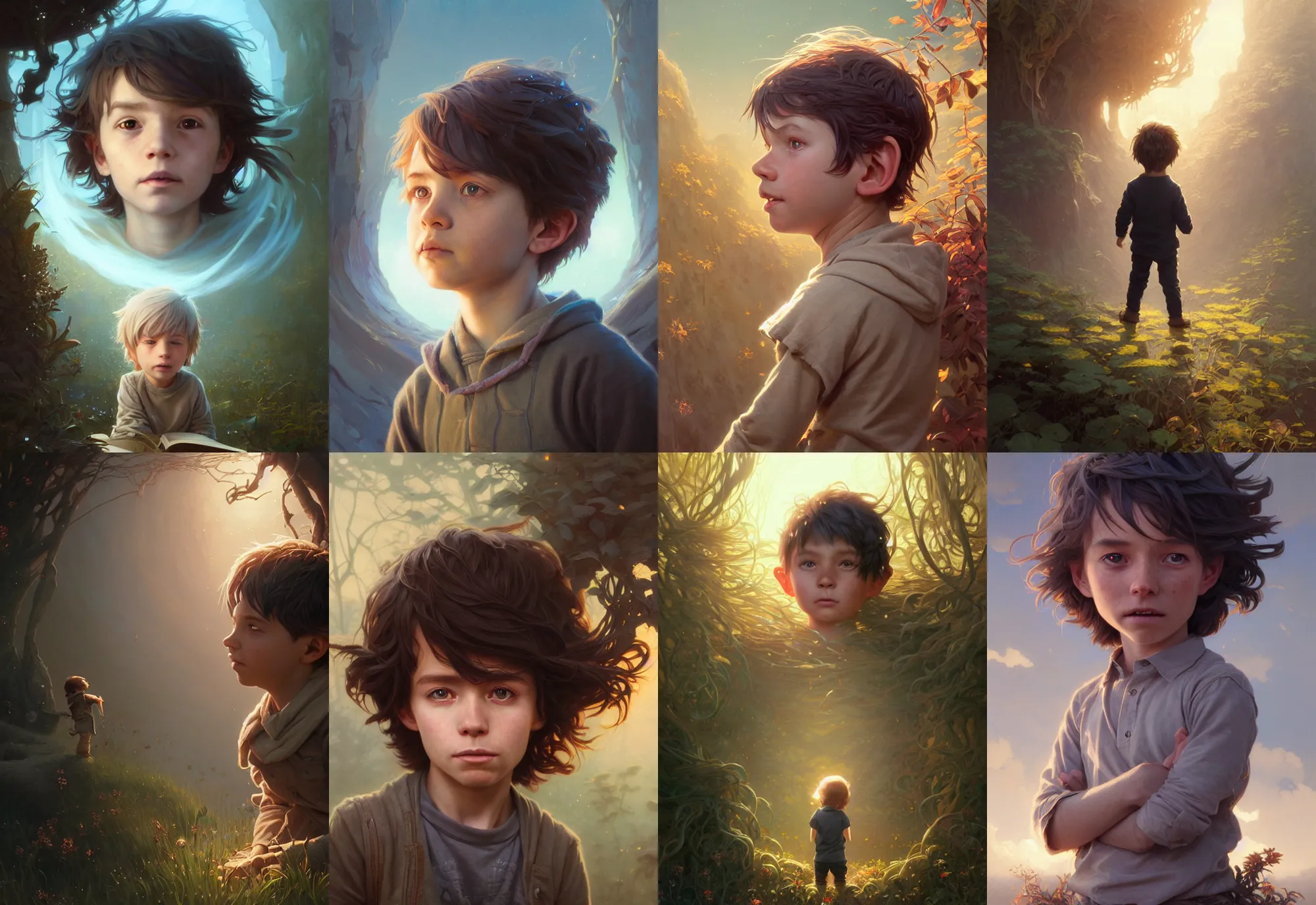 Image similar to highly detailed portrait of a little boy with long hairs, stephen bliss, unreal engine, fantasy art by greg rutkowski, loish, rhads, ferdinand knab, makoto shinkai and lois van baarle, ilya kuvshinov, rossdraws, tom bagshaw, alphonse mucha, global illumination, radiant light, detailed and intricate environment