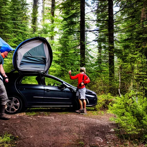 Image similar to hiker unloading the car before camping, style by etienne hebinger