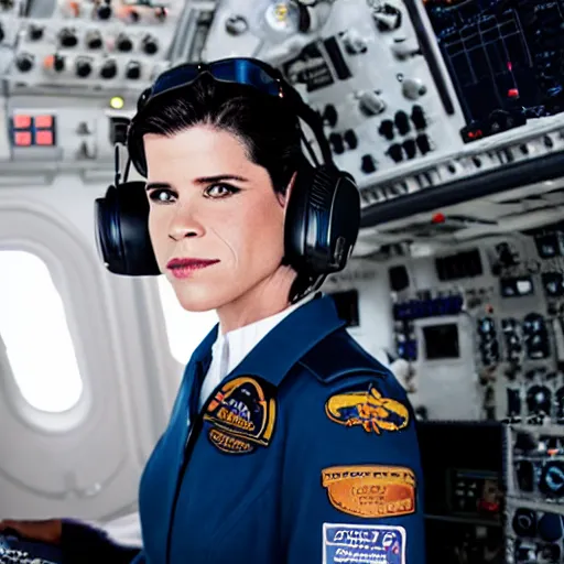 Image similar to photo of neve campbell dressed as a pilot on the flight deck of an airliner, 4 k, highly detailed.