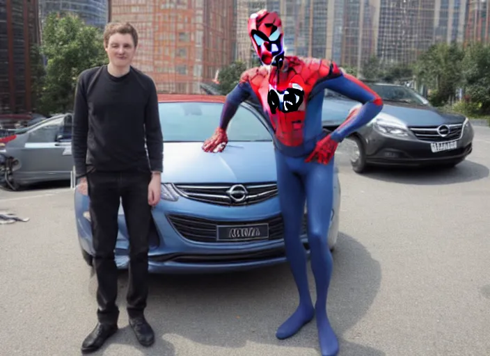 Image similar to spiderman stand next to opel sedan