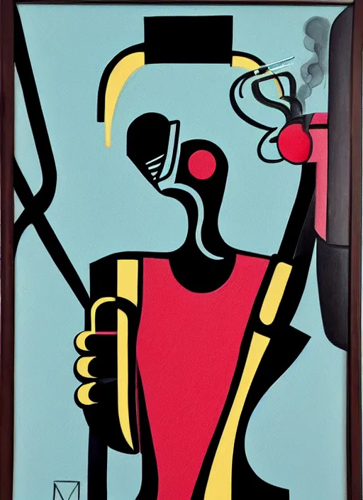 Image similar to art-deco painting of a curvy robot lady smoking a cigarette with a cigarette-holder