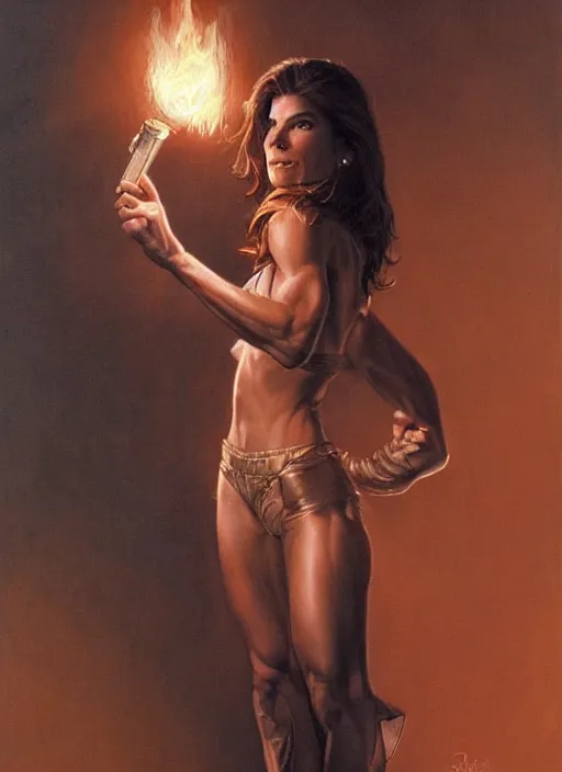 Image similar to Sandra Bullock (1990) as a muscled heroine staring into the camera, torch shadows, foggy night, intricate, elegant, highly detailed, Donato Giancola, Joseph Christian Leyendecker, WLOP, Boris Vallejo, Artgerm