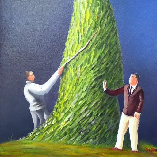 Prompt: viktor orban protecting a tree, oil painting