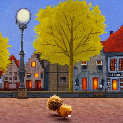 Image similar to 2 hedgehogs walking across the street next to eachother in Bruges, Belgium, in the style of shinji aramaki, autumn, evening, romantic